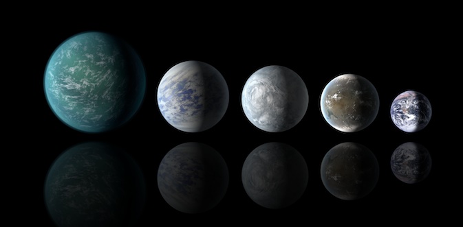 Relative sizes of all of the habitable-zone planets discovered to date alongside Earth. Left to right: Kepler-22b, Kepler-69c, Kepler-62e, Kepler-62f and Earth (except for Earth, these are artists' renditions). Image credit: NASA Ames/JPL-Caltech