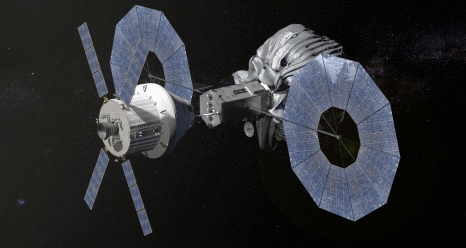 This conceptual image shows NASA's Orion spacecraft approaching the robotic asteroid capture vehicle. The trip from Earth to the captured asteroid will take Orion and its two-person crew an estimated nine days. Image Credit: NASA