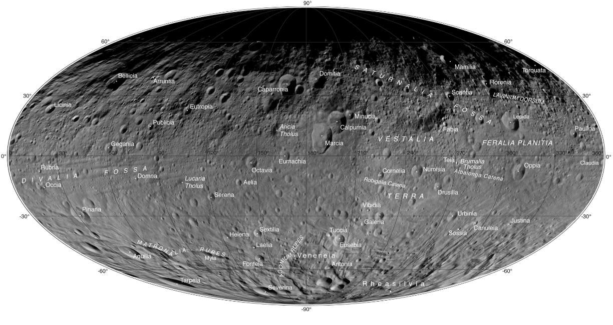 Atlas of the giant asteroid Vesta, courtesy of NASA.