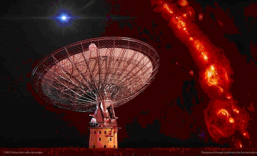 Image: CSIRO's Parkes telescope with illustration of 'radio burst' flash in the sky. The red background is gas in our galaxy. Credit: Swinburne Astronomy Productions