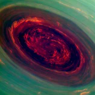 False-color image of the spinning vortex of Saturn's north polar storm, from NASA's Cassini spacecraft.