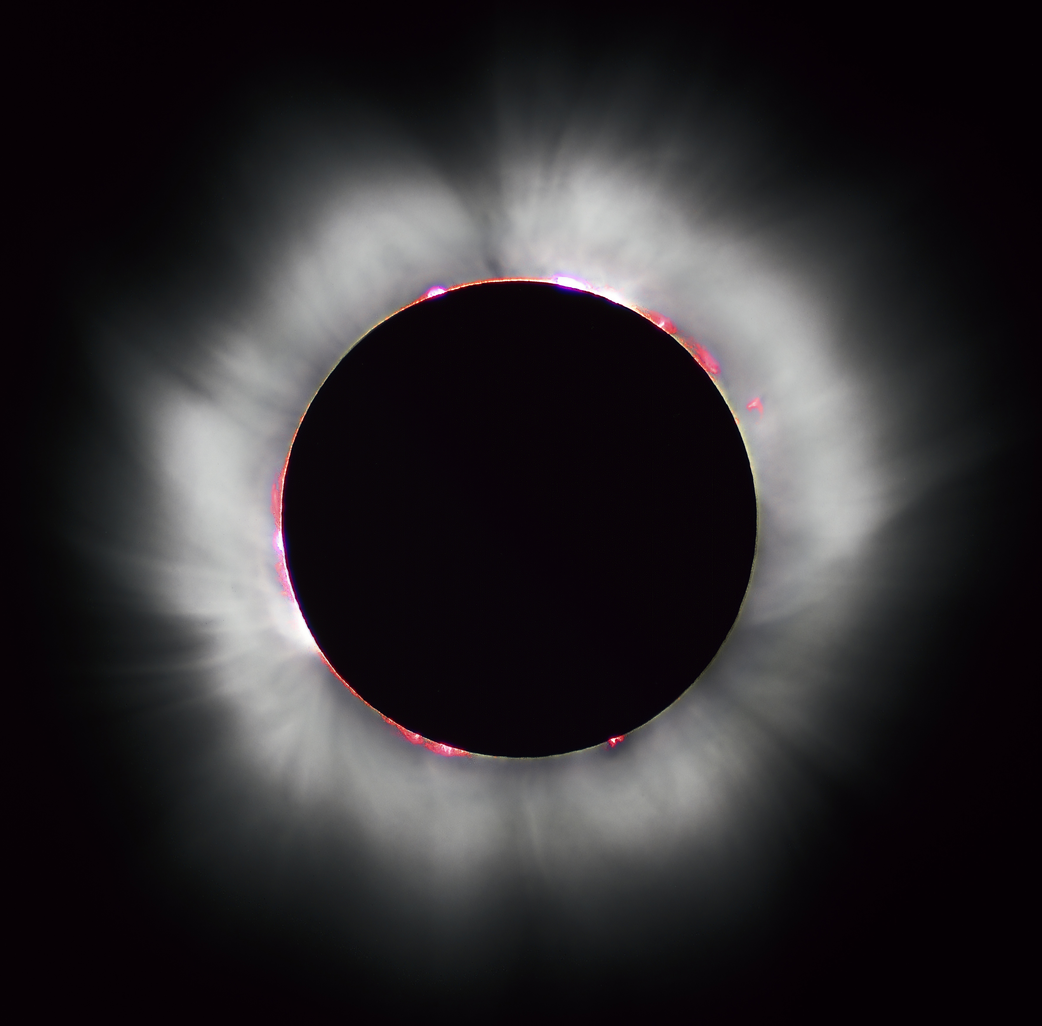 A total solar eclipse occurs when the Moon completely covers the Sun's disk, as seen in this 1999 solar eclipse.