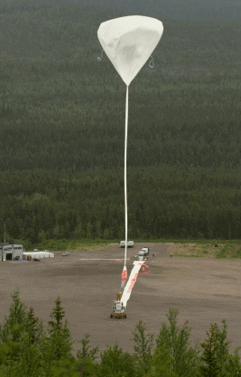 Caption:  The balloon rises into the sky. Only when it is positioned exactly above the solar observatory, will the launching vehicle release its load.  (Credits: MPS)