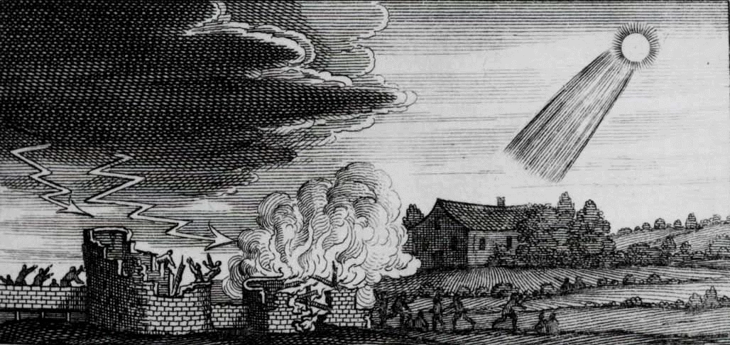 Woodcut showing the destructive influence of a 4th century comet, by Stanilaus Lubienietski's Theatrum Cometicum (Amsterdam, 1668.) Credit: NASA/JPL