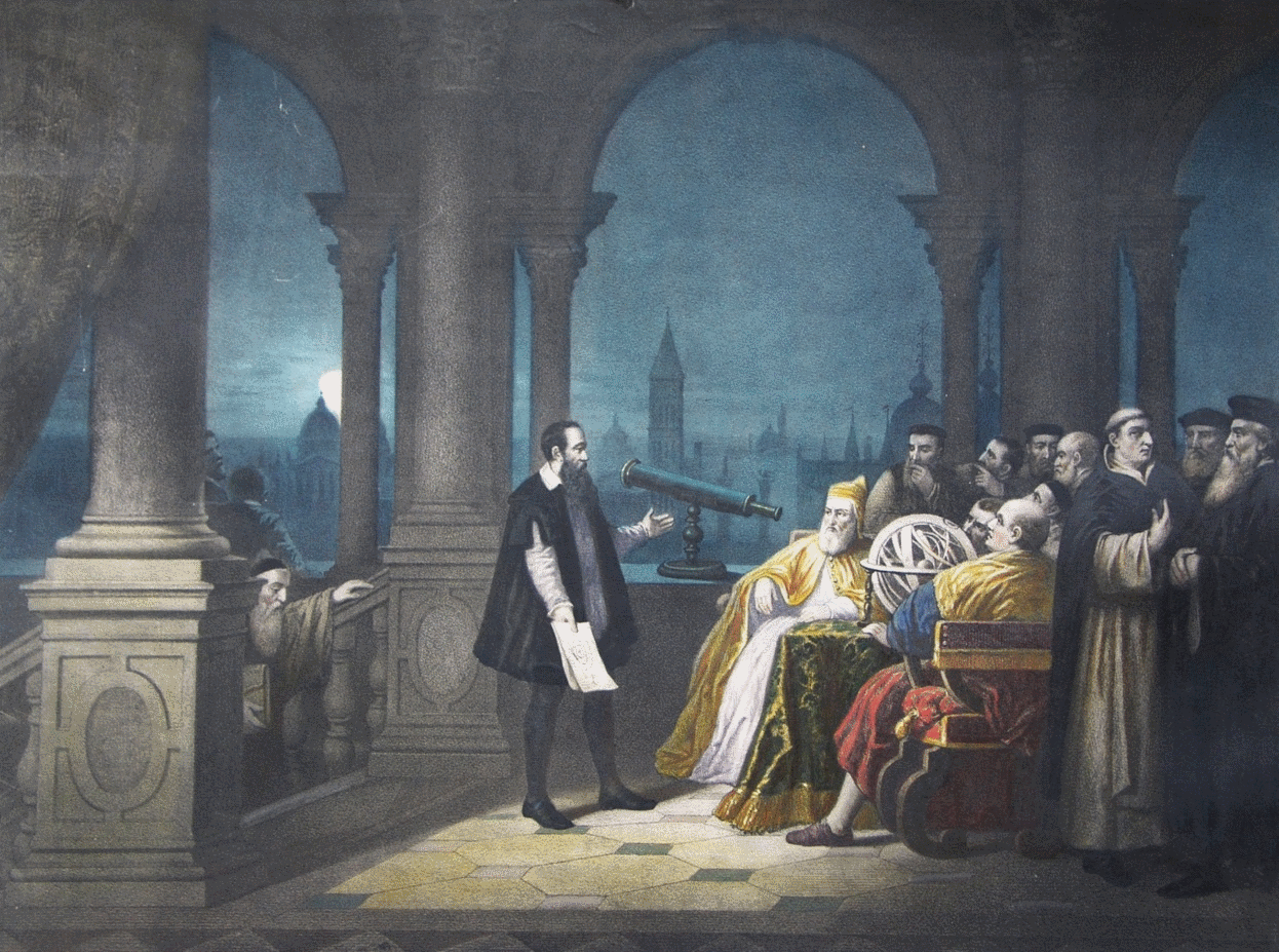 Painting of Galileo Galilei displaying his telescope to Leonardo Donato.1754, H. J. Detouche.