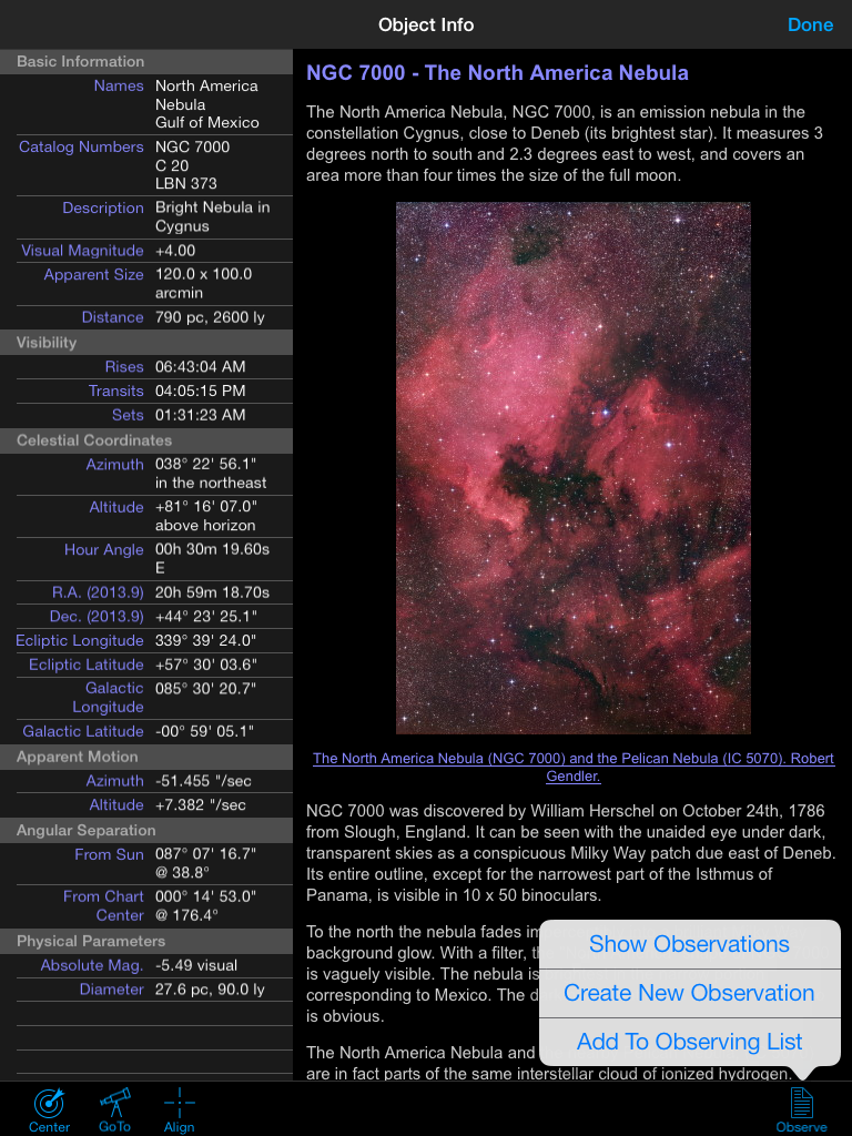 StarSeek's Object Info on a tablet gives you the facts and figures alongside detailed descriptions and a gallery of images